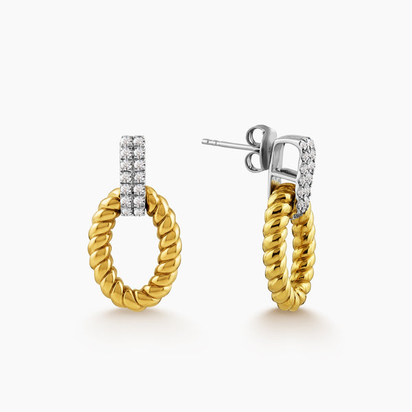TWISTED-ROPE LADIES HOOP EARRINGS WITH DIAMOND PAVE SET IN 18K YELLOW AND WHITE GOLD