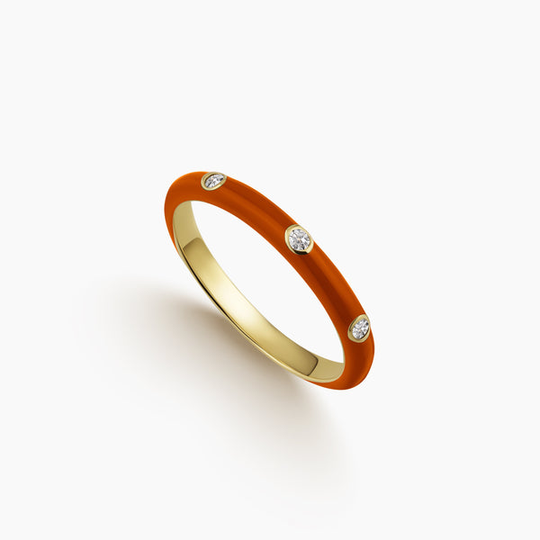 6.5 - ORANGE ENAMEL LADIES STACK RING WITH BEZEL-SET DIAMONDS IN YELLOW GOLD