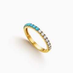 6.5 - TURQOISE AND DIAMOND HALF-ETERNITY LADIES RING IN 18K YELLOW GOLD