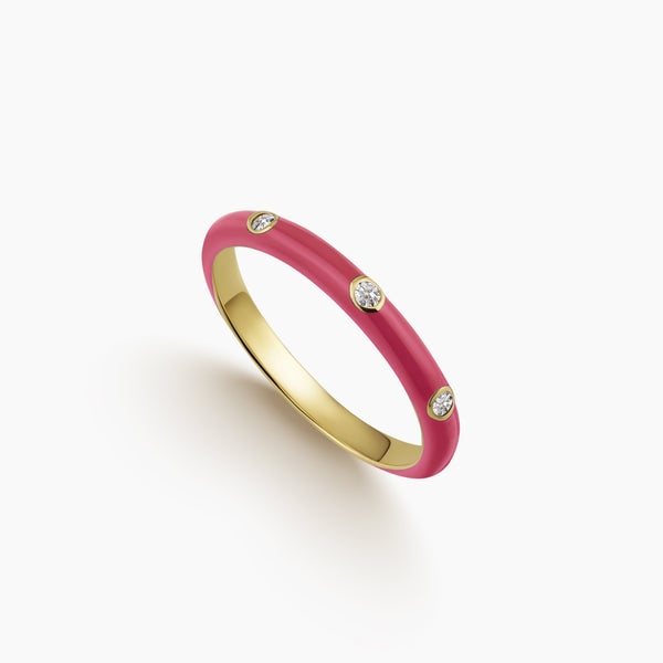 7 - PINK ENAMEL LADIES STACK RING WITH BEZEL-SET DIAMONDS IN YELLOW GOLD