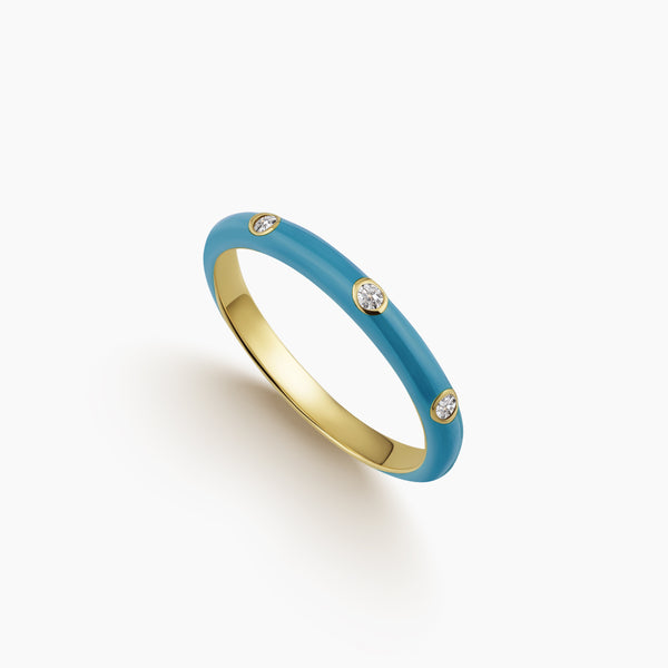 6.5 - LIGHT BLUE ENAMEL LADIES STACK RING WITH BEZEL-SET DIAMONDS IN YELLOW GOLD