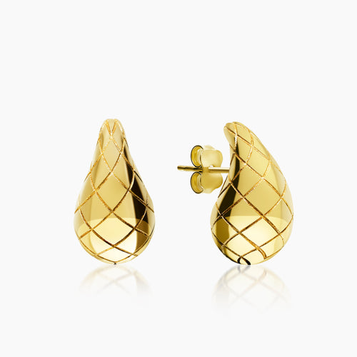 DIAMOND MESH TEXTURE TEARDROP LADIES STUD EARRINGS IN (SAUDI) 18K YELLOW GOLD
