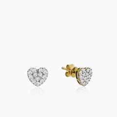 DIMAOND HEART SHAPED STUD EARRINGS WITH 56=0.51 / 1.77 CARAT DIAMONDS IN 14K YELLOW GOLD AND WHITE GOLD