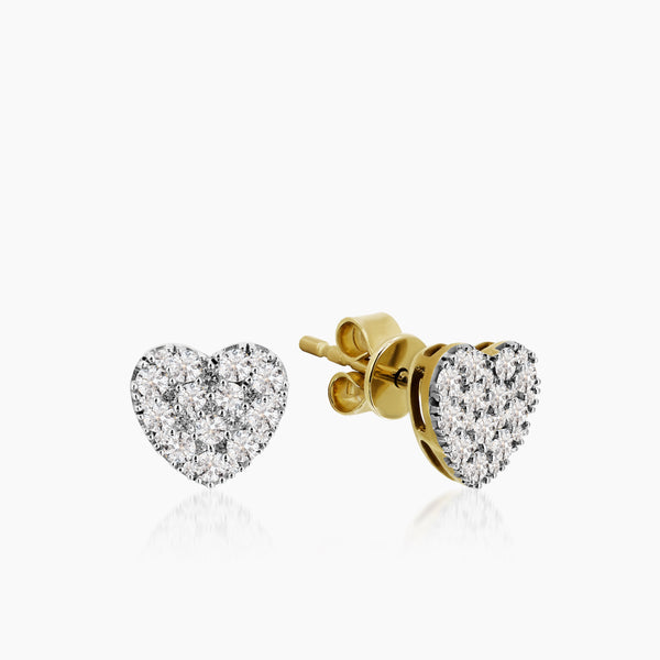 DIMAOND HEART SHAPED STUD EARRINGS WITH 56=0.51 / 1.77 CARAT DIAMONDS IN 14K YELLOW GOLD AND WHITE GOLD