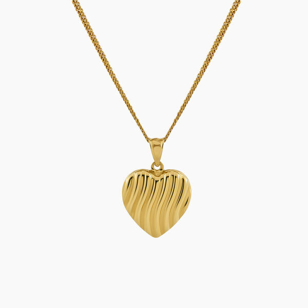 HEART PENDANT WITH VERTICAL WAVE PATTERN AND CHAIN NECKLACE IN (SAUDI) 18K YELLOW GOLD