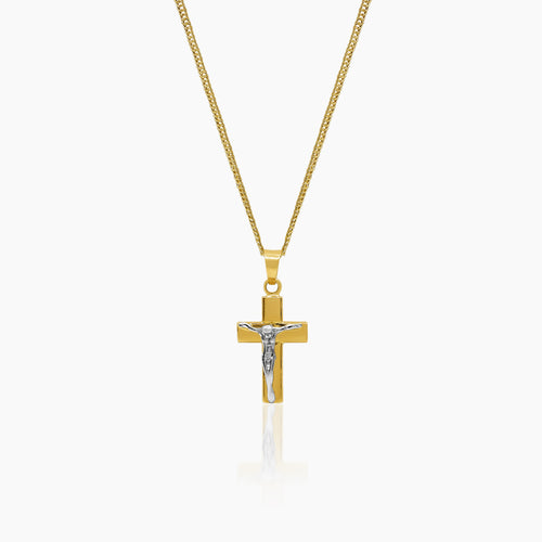 TWO-TONE JESUS CROSS NECKLACE AND PENDANT IN (SAUDI) 18K YELLOW GOLD AND WHITE GOLD