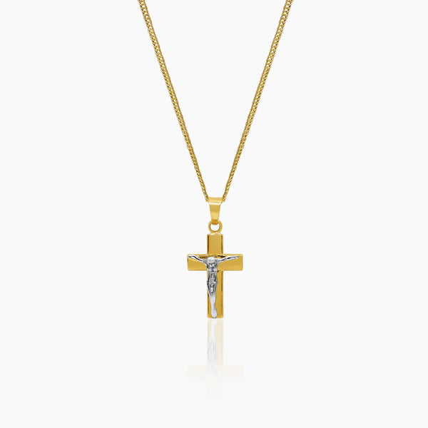 TWO-TONE JESUS CROSS NECKLACE AND PENDANT IN (SAUDI) 18K YELLOW GOLD AND WHITE GOLD