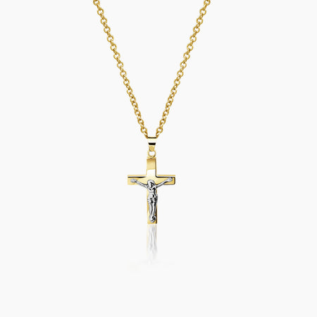 TWO-TONE JESUS CROSS NECKLACE AND PENDANT IN (SAUDI) 18K YELLOW GOLD AND WHITE GOLD