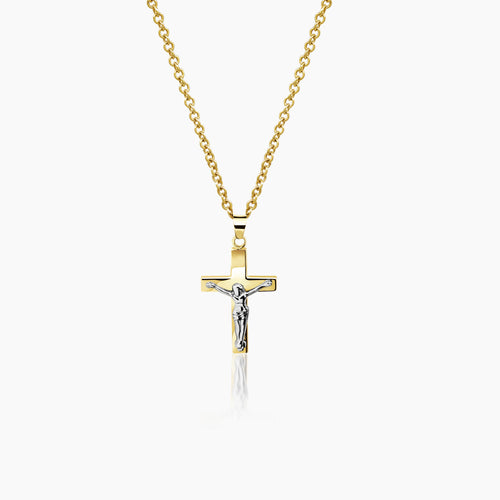 TWO-TONE JESUS CROSS NECKLACE AND PENDANT IN (SAUDI) 18K YELLOW GOLD AND WHITE GOLD