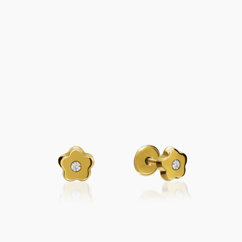 DAISY FLOWER CHILDREN SCREW BACK EARRINGS WITH CUBIC ZIRCONIAN IN (SAUDI) 18K YELLOW GOLD