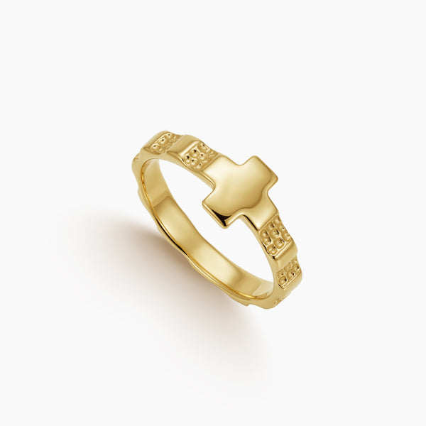 6.25 - ROSARY RING WITH POLISHED CROSS AND TEXTURED BEADS IN (ITALIAN) 18K YELLOW GOLD