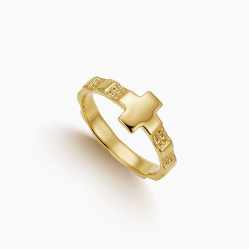 6.25 - ROSARY RING WITH POLISHED CROSS AND TEXTURED BEADS IN (ITALIAN) 18K YELLOW GOLD