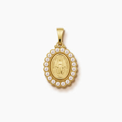 MARY MIRACULOUS PENDANT WITH STUDDED PEARLS BORDER IN 23 mm (H) X 16 mm (L) IN (ITALIAN) 18K YELLOW GOLD