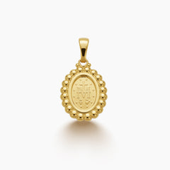 MARY MIRACULOUS PENDANT WITH STUDDED PEARLS BORDER IN 23 mm (H) X 16 mm (L) IN (ITALIAN) 18K YELLOW GOLD