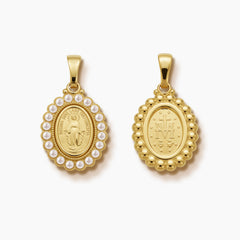 MARY MIRACULOUS PENDANT WITH STUDDED PEARLS BORDER IN 23 mm (H) X 16 mm (L) IN (ITALIAN) 18K YELLOW GOLD