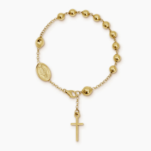 ROSARY BRACELET WITH CROSS AND MARY MIRACULOUS PENDANTS (7.5 INCHES) IN (ITALIAN) 18K YELLOW GOLD