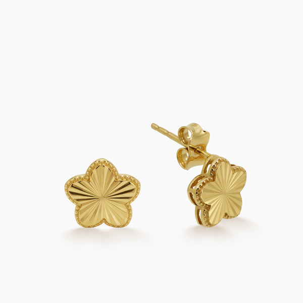 FLOWER LADIES STUD EARRINGS WITH BEADED EDGE DESIGN IN (ITALIAN) 18K YELLOW GOLD