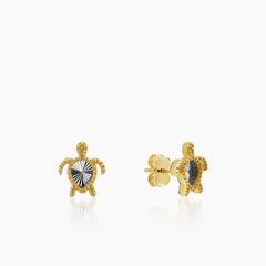 TWO-TONE TURTLE WITH STRIPE PATTERN SHELL LADIES STUD EARRINGS IN (SAUDI) 18K YELLOW AND WHITE GOLD