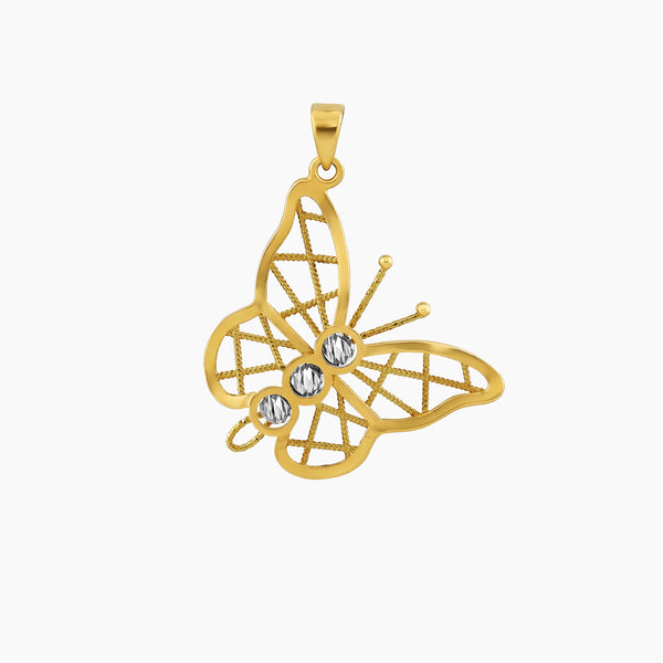 TWO-TONE BUTTERFLY WITH TWISTED ROPE WINGS PENDANT AND DIAMOND-CUT ORBS IN (SAUDI) 18K YELLOW AND WHITE GOLD