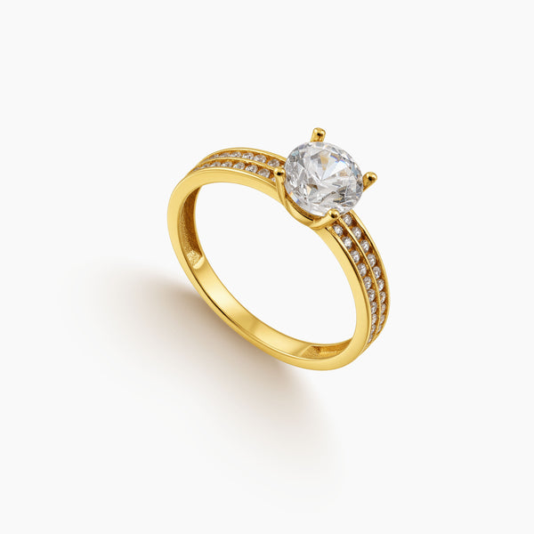 8 - ROUND-CUT STONE ENGAGEMENT RING WITH MULTI-ROW PAVE ACCENTS IN (SAUDI) 18K YELLOW GOLD