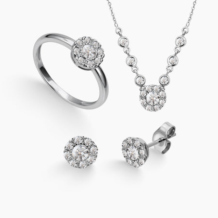 6.5 - FLOWER CLUSTER DIAMOND SET WITH LADIES RING, NECKLACE WITH PENDANT AND STUD EARRINGS IN 14K WHITE GOLD