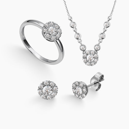 6.5 - FLOWER CLUSTER DIAMOND SET WITH LADIES RING, NECKLACE WITH PENDANT AND STUD EARRINGS IN 14K WHITE GOLD