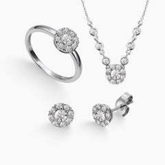 6.5 - FLOWER CLUSTER DIAMOND SET WITH LADIES RING, NECKLACE WITH PENDANT AND STUD EARRINGS IN 14K WHITE GOLD