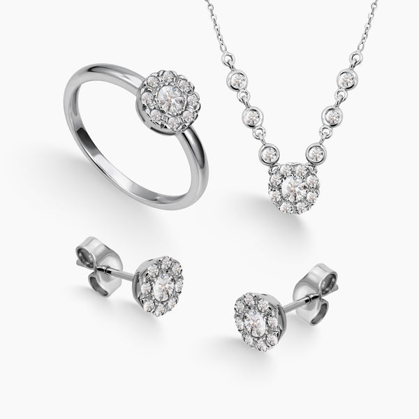6.5 - FLOWER CLUSTER DIAMOND SET WITH LADIES RING, NECKLACE WITH PENDANT AND STUD EARRINGS IN 14K WHITE GOLD