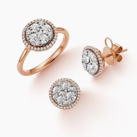 6.5 - ROUND DIAMOND CLUSTER SET WITH LADIES RING AND STUD EARRINGS IN 18K ROSE GOLD