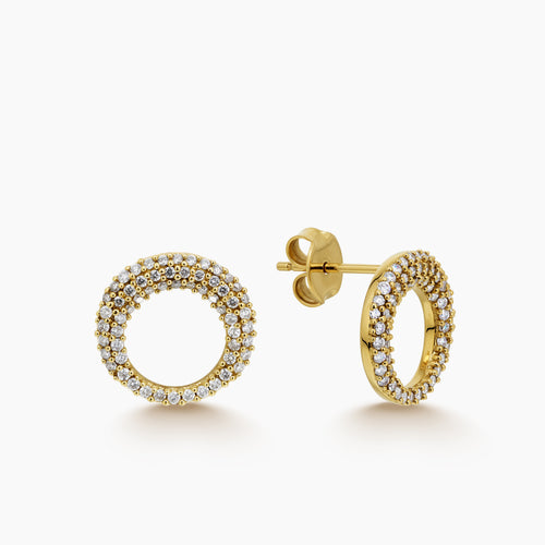 OPEN CIRCLE LADIES STUD EARRINGS WITH DIAMOND PAVE DESIGN IN 18K YELLOW GOLD