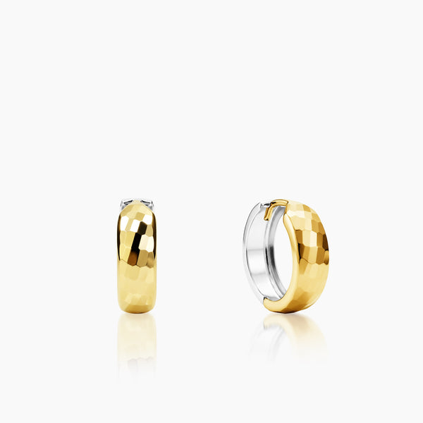 TWO-TONE DIAMOND-CUT HUGGIE LADIES' EARRINGS IN (SAUDI) 18K YELLOW GOLD AND WHITE GOLD
