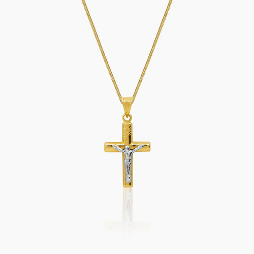 TWO-TONE CRUCIFIX NECKLACE AND PENDANT IN (SAUDI) 18K YELLOW GOLD AND WHITE GOLD