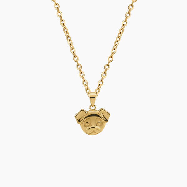 PUPPY HEAD CHARM PENDANT AND CHAIN NECKLACE IN (SAUDI) 18K YELLOW GOLD.