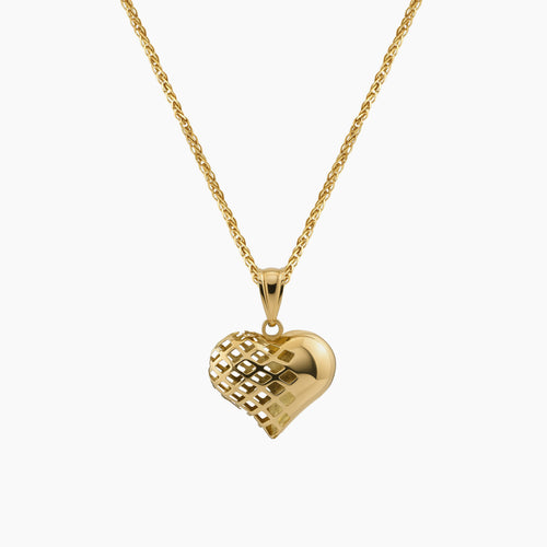 HALF PUFF AND LATTICE TEXTURE HEART PENDANT AND CHAIN NECKLACE IN (SAUDI) 18K YELLOW GOLD