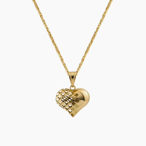 HALF PUFF AND LATTICE TEXTURE HEART PENDANT AND CHAIN NECKLACE IN (SAUDI) 18K YELLOW GOLD