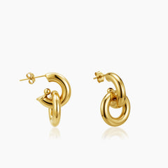 POLISHED INTERLOCKED DOUBLE CIRCLE HOOPS LADIES STUD EARRINGS IN (SAUDI) 18K YELLOW GOLD