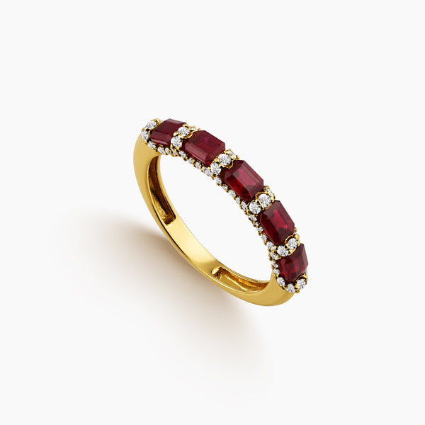 6.5 - HALF-ETERNITY RUBY LADIES RING WITH DIAMOND ACCENTS IN 18K YELLOW GOLD