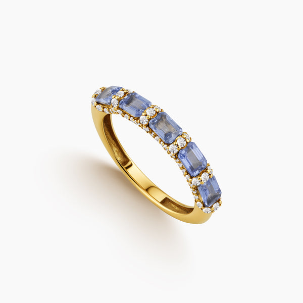 6.5 - HALF-ETERNITY LIGHT BLUE SAPPHIRE LADIES RING WITH DIAMOND ACCENTS IN 18K YELLOW GOLD