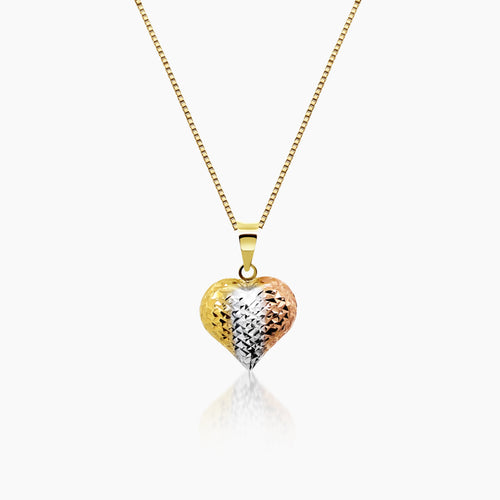 TRI-COLOR DIAMOND CUT HEART PENDANT AND NECKLACE IN (SAUDI) 18K YELLOW, WHITE AND ROSE GOLD