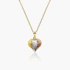 TRI-COLOR DIAMOND CUT HEART PENDANT AND NECKLACE IN (SAUDI) 18K YELLOW, WHITE AND ROSE GOLD