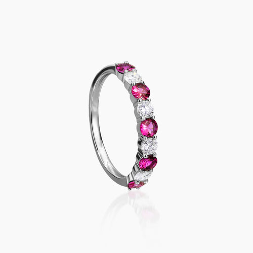 7 - RUBY RING WITH ALTERNATING COLORED GEMS WITH  5 RUB = 0.49/ 4= 3.95 IN 18K WHITE GOLD