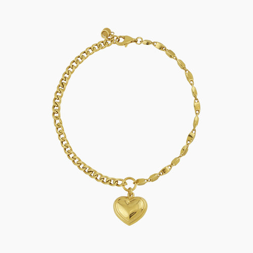PUFFY HEART CHARM PENDANT AND MIXED CHAIN LINK BRACELETS IN (SAUDI) 18K YELLOW GOLD