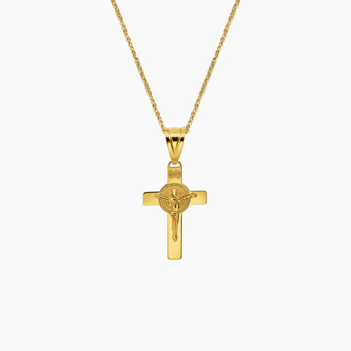 SAINT BENEDICT CROSS PENDANT AND CHAIN NECKLACE IN (SAUDI) 18K YELLOW GOLD