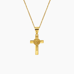SAINT BENEDICT CROSS PENDANT AND CHAIN NECKLACE IN (SAUDI) 18K YELLOW GOLD