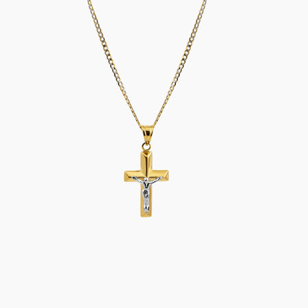 TWO-TONE CHUNKY JESUS CROSS PENDANT AND CHAIN NECKLACE IN (SAUDI) 18K YELLOW AND WHITE GOLD