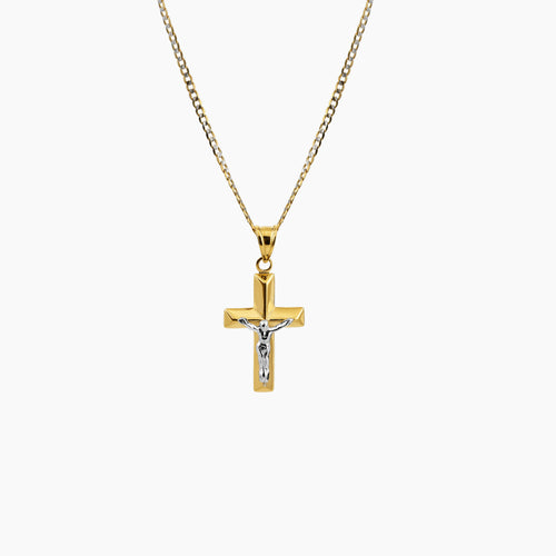 TWO-TONE CHUNKY JESUS CROSS PENDANT AND CHAIN NECKLACE IN (SAUDI) 18K YELLOW AND WHITE GOLD