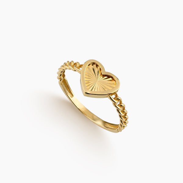 8 - SUNBURST-TEXTURED HEART LADIES RING WITH TWISTED BAND IN (ITALIAN) 18K YELLOW GOLD