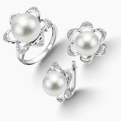 6.5 - BUTTON WHITE FRESH WATER PEARL LADIES RING AND STUD EARRINGS FLORAL DESIGN SET WITH DIAMOND ACCENTS IN 14K WHITE GOLD