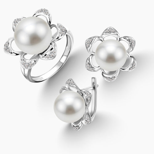6.5 - BUTTON WHITE FRESH WATER PEARL LADIES RING AND STUD EARRINGS FLORAL DESIGN SET WITH DIAMOND ACCENTS IN 14K WHITE GOLD