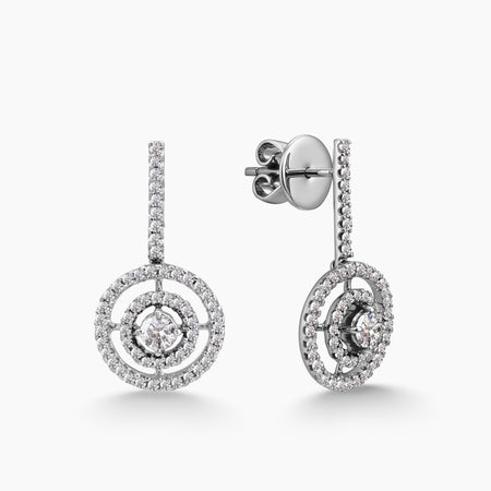 DIAMOND DOUBLE HALO DANGLE LADIES EARRINGS IN 14K WHITE GOLD